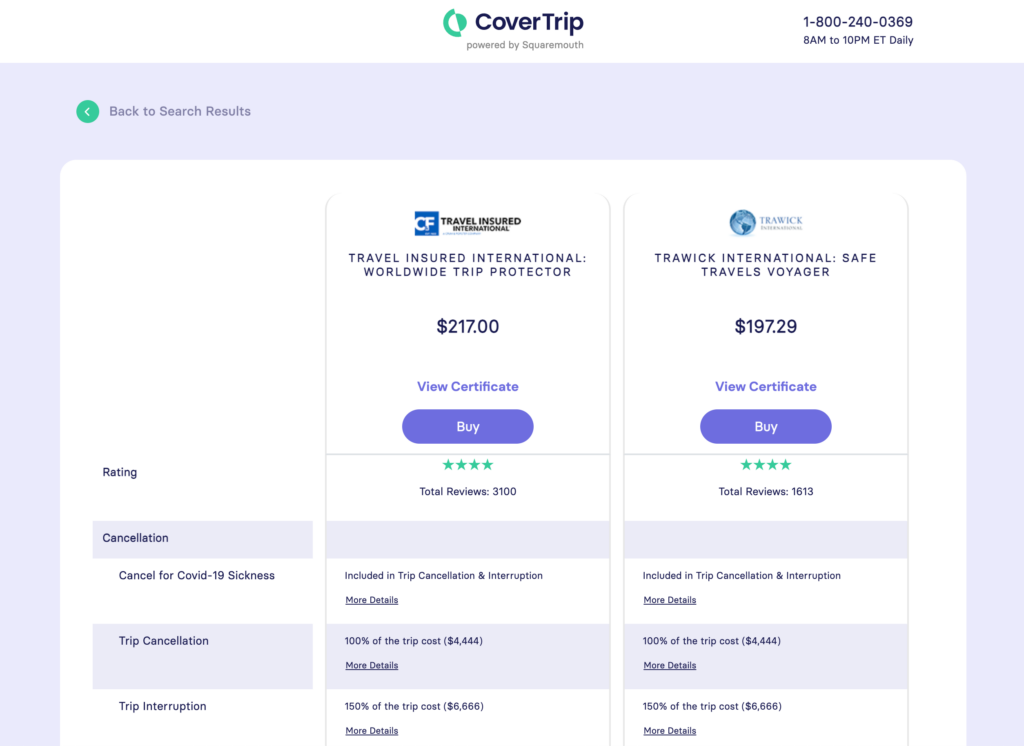 The compare travel insurance screen lets you see coverage and prices side-by-side