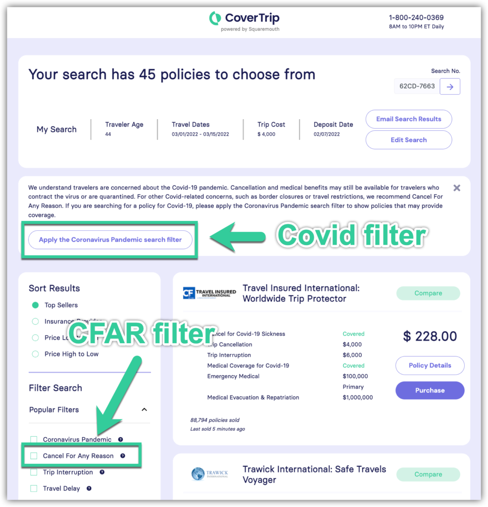 Screenshot of coronavirus covid travel insurance filters