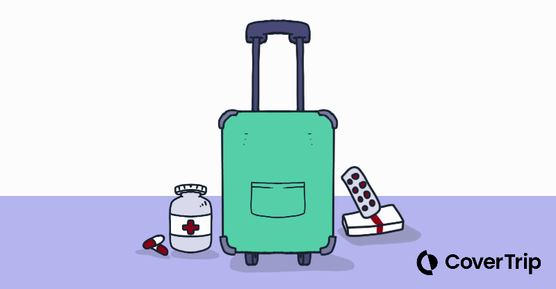 Prescription meds by a suitcase
