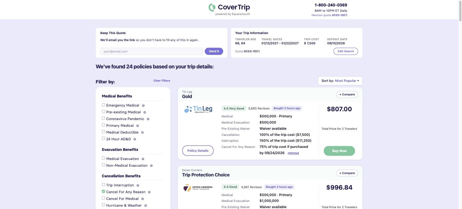 CoverTrip comparison results filtered to Cancel For Any Reason: 24 policies, Tin Leg Gold at $807