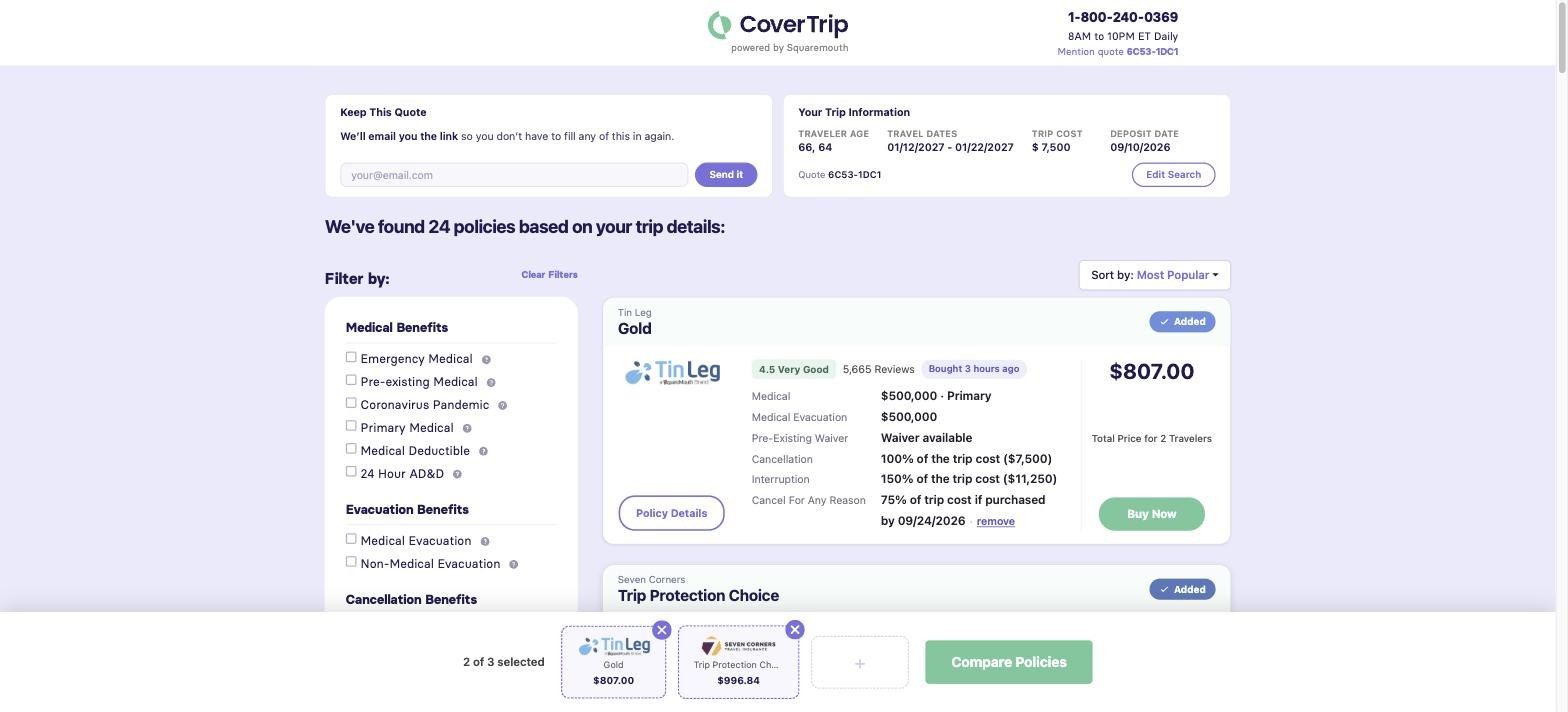 CoverTrip comparison with Tin Leg Gold and Seven Corners Trip Protection Choice added to the compare tray