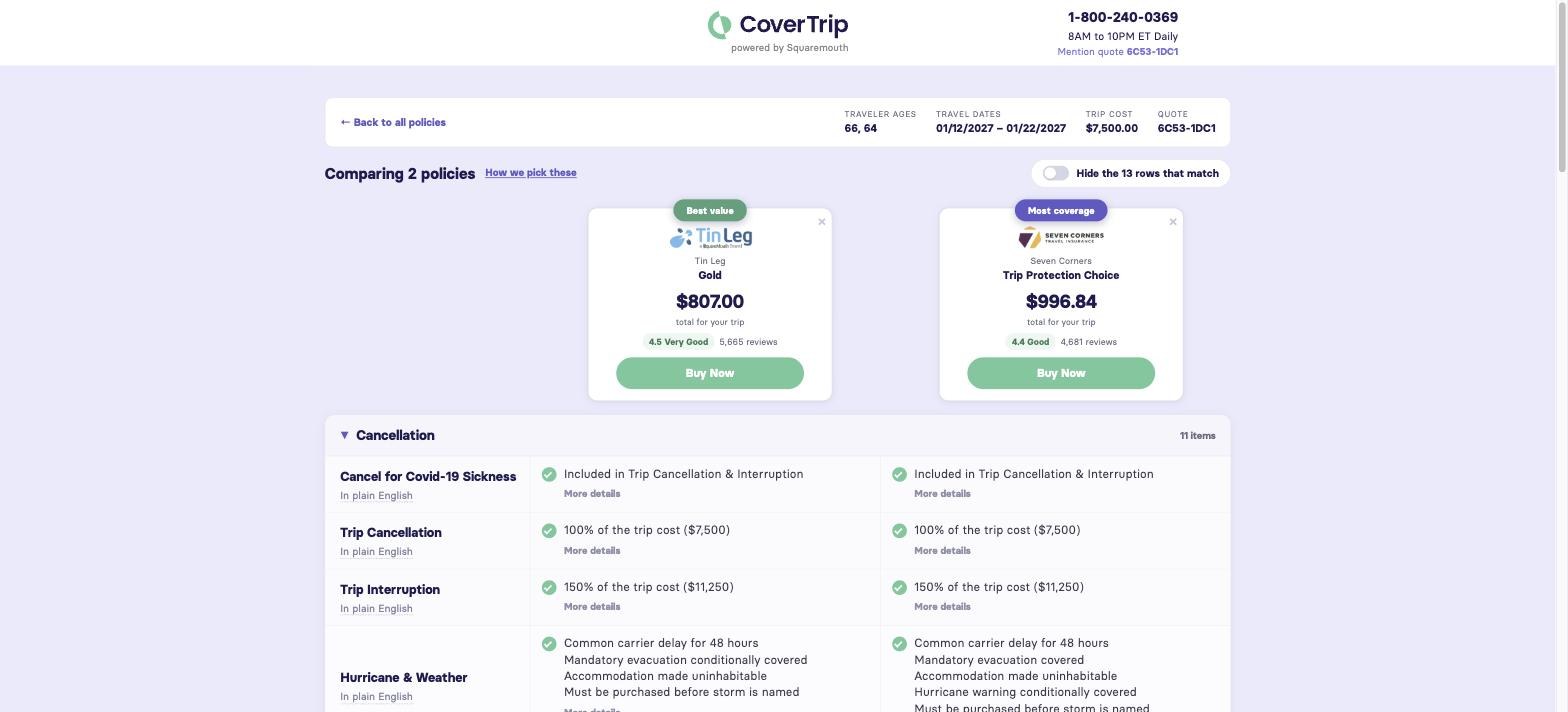 CoverTrip side-by-side comparison of Tin Leg Gold and Seven Corners Trip Protection Choice with prices and ratings