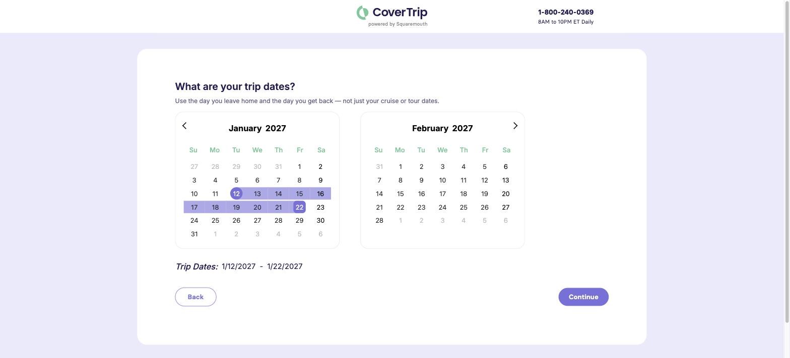 Step 2 of the CoverTrip comparison: a calendar with trip dates 12 to 22 January 2027 selected