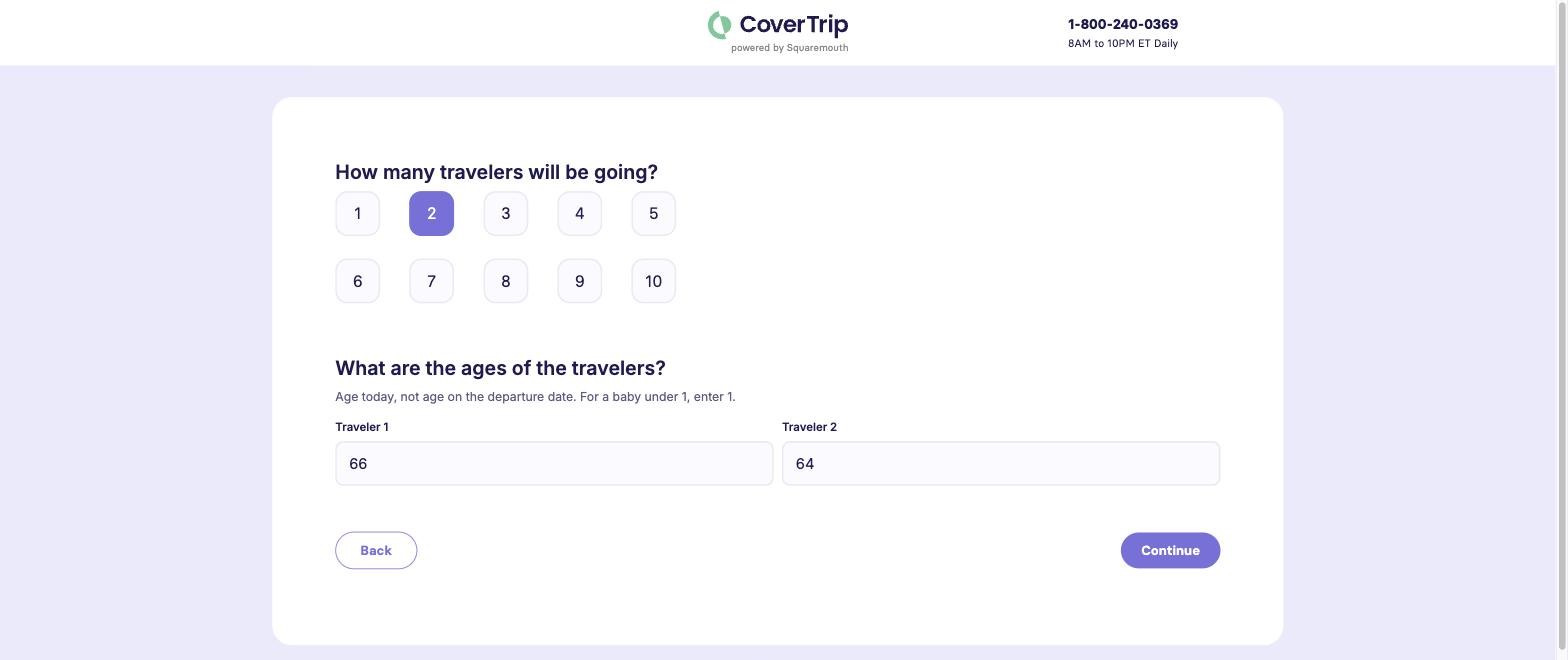 Step 3 of the CoverTrip comparison: two travelers with ages 66 and 64 entered