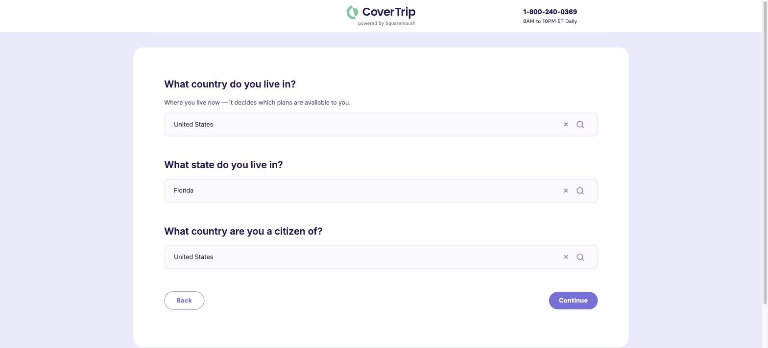 Step 4 of the CoverTrip comparison: country of residence United States, state Florida, citizenship United States