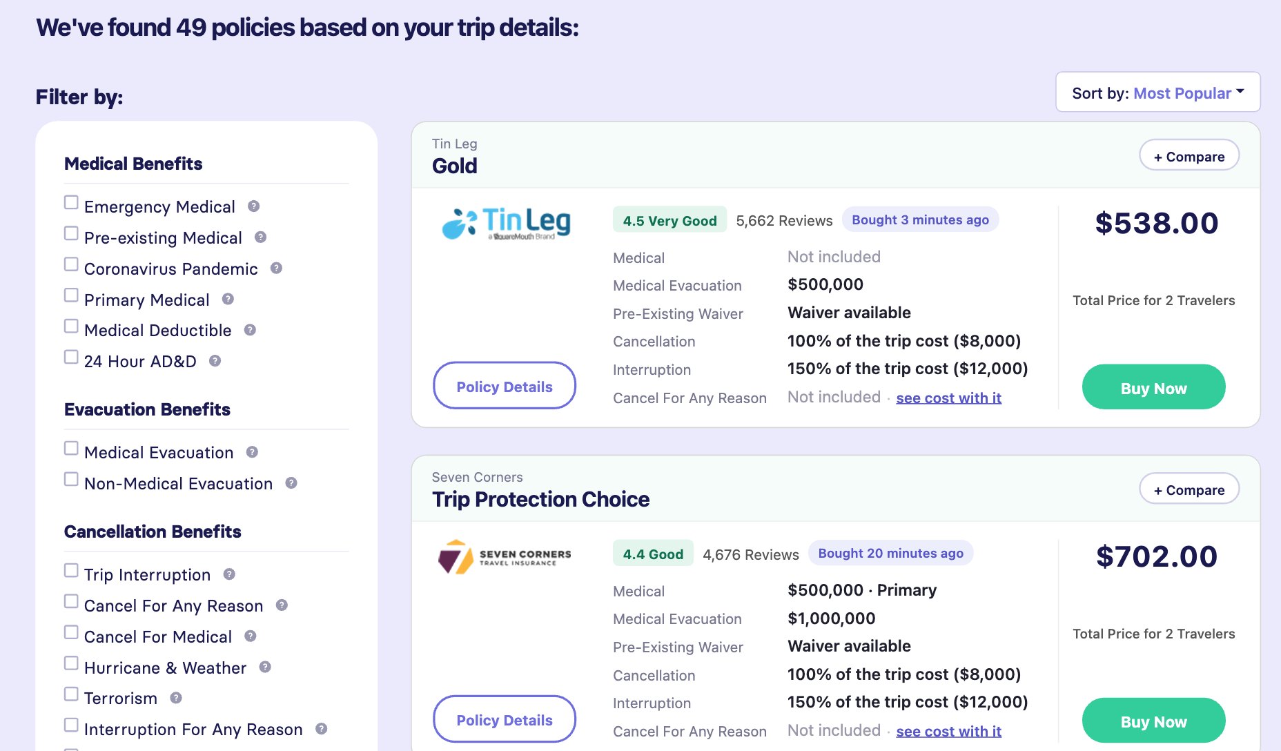CoverTrip results page showing plans, prices and filters